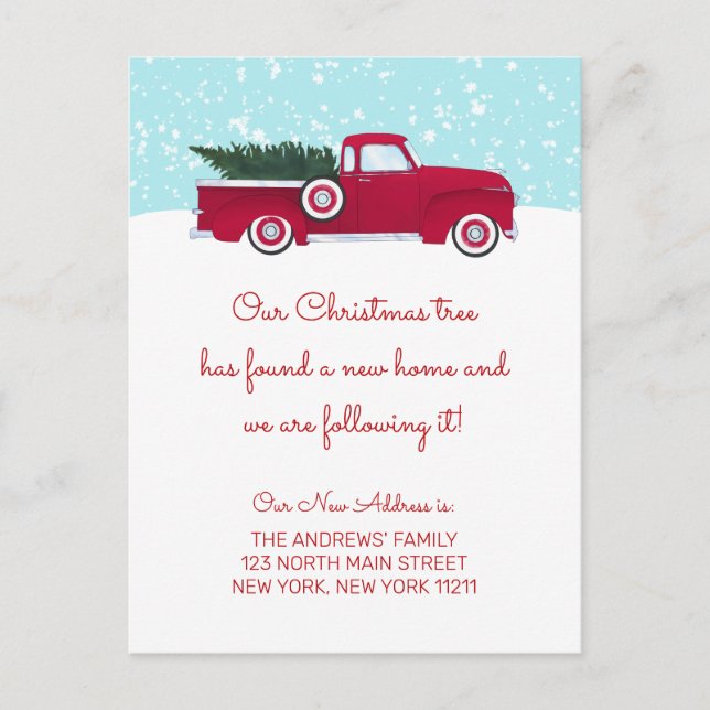 Funny Red Retro Truck Christmas Tree Moving Announcement Postcard (Front)