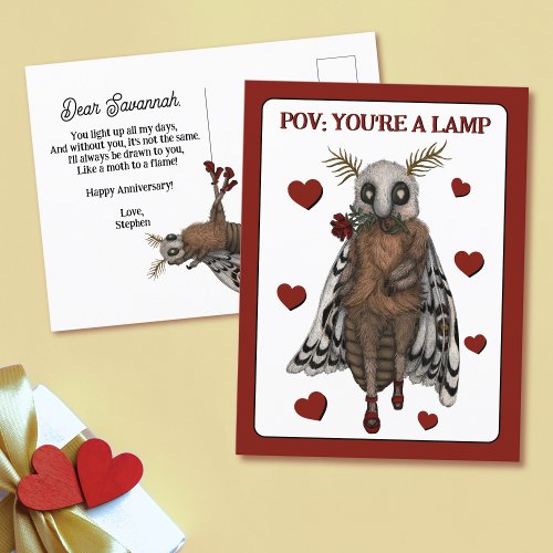 Funny Red Romantic Moth to a Flame Anniversary  Postcard