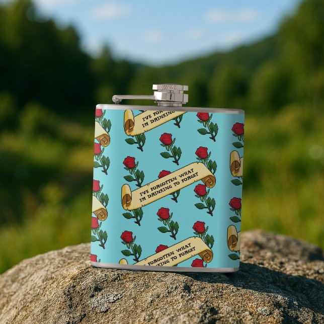 Funny Red Rose Drinking To Forget Ribbon Pattern Flask (Creator Uploaded)