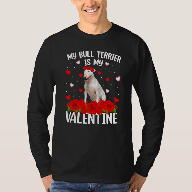 Funny Red Rose Flower Heart Bull Terrier Dog Valen T-Shirt (Front)