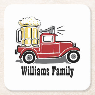 Funny Red Vintage Truck Beer Glass Cheers Monogram Square Paper Coaster