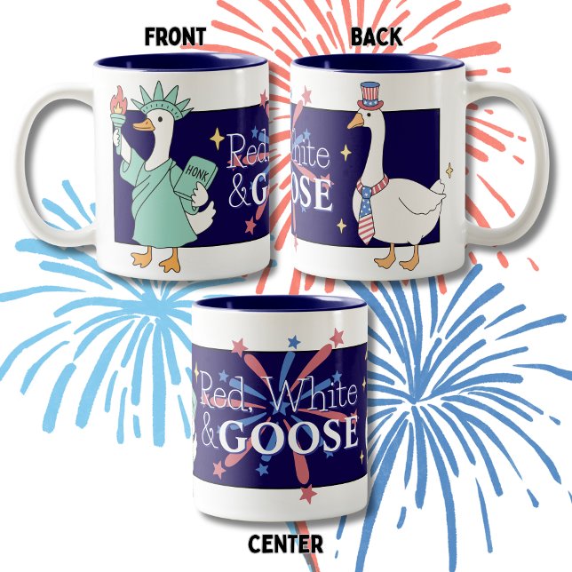 Funny Red, White and Goose Fourth of July Coffee Two-Tone Coffee Mug (Creator Uploaded)