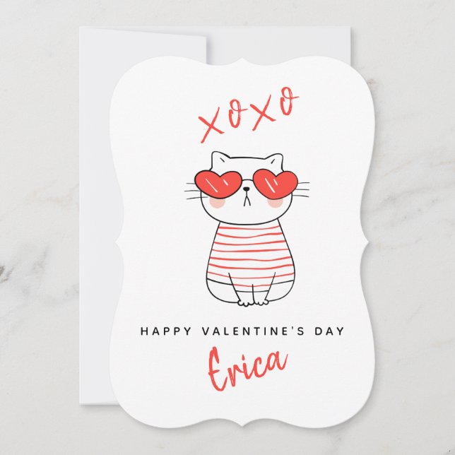 Funny Red & White Cat Personalized Valentine Card (Front)