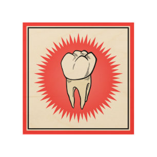 Funny Red White Extracted Molar Starburst Cartoon Wood Wall Art