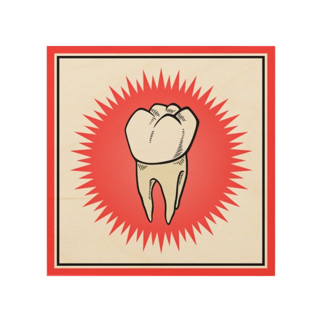 Funny Red White Extracted Molar Starburst Cartoon Wood Wall Art (Front)