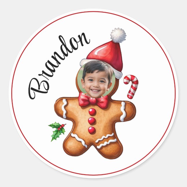 Funny Red & White Gingerbread Man Face Photo Classic Round Sticker (Front)