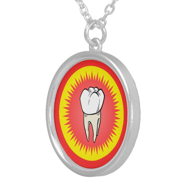 Funny Red Yellow White Extracted Molar Starburst Silver Plated Necklace (Front Right)