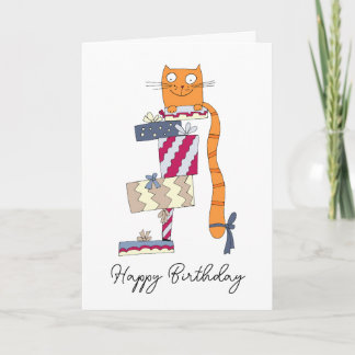 Funny redhead sits on a pile of gifts. card