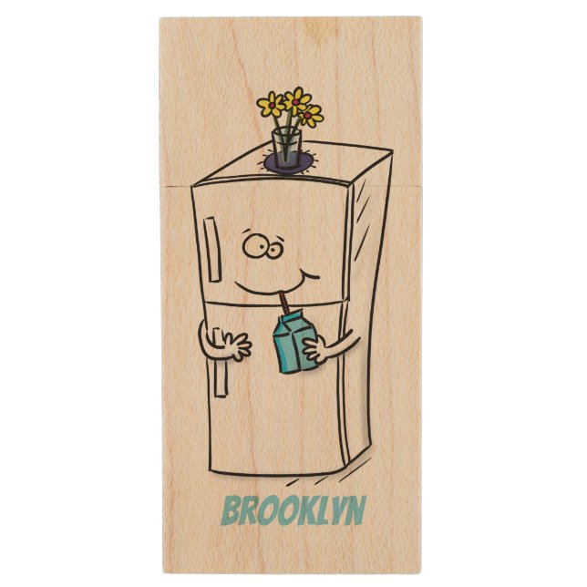 Funny refrigerator cartoon illustration wood flash drive (Front Vertical)