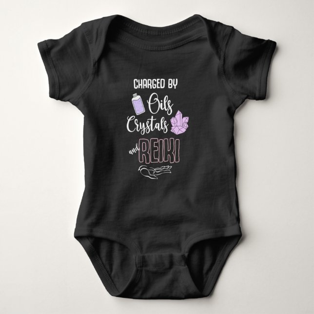 Funny Reiki Crystals and Essential Oils Quote Baby Bodysuit (Front)
