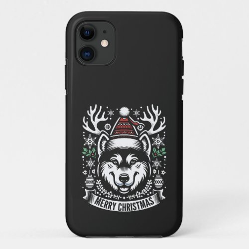 Funny Reindeer  Alaskan  Husky Dog Merry Christmas iPhone 11 Case