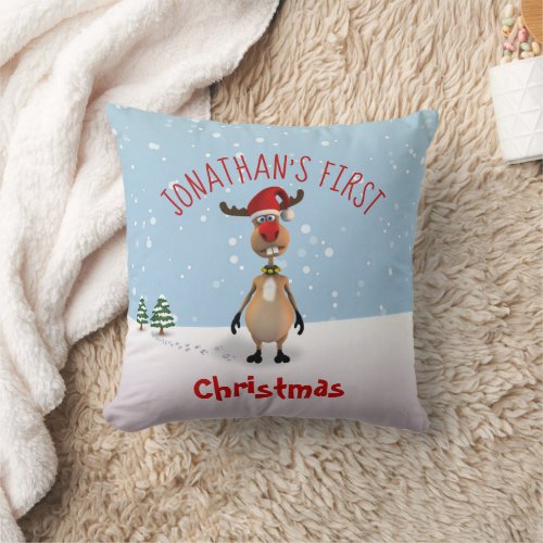 Funny Reindeer Babys First Christmas Throw Pillow