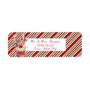 Funny Reindeer Big Red Nose Red White Stripe Label
