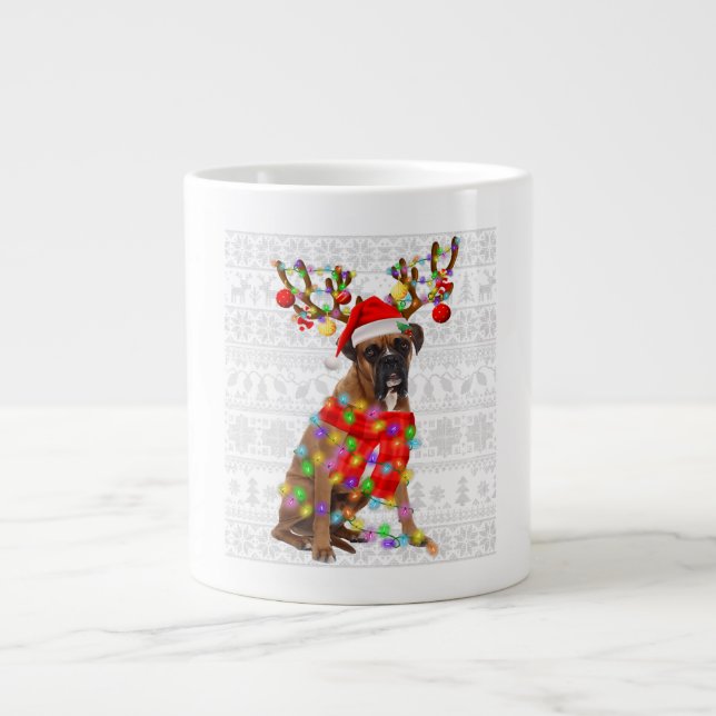 Funny Reindeer Boxer Dog Christmas Lights Giant Coffee Mug (Front)