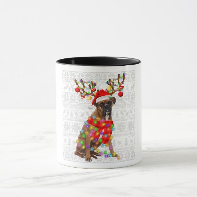 Funny Reindeer Boxer Dog Christmas Lights Mug (Center)