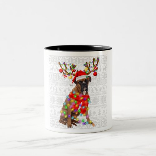 Funny Reindeer Boxer Dog Christmas Lights Two_Tone Coffee Mug