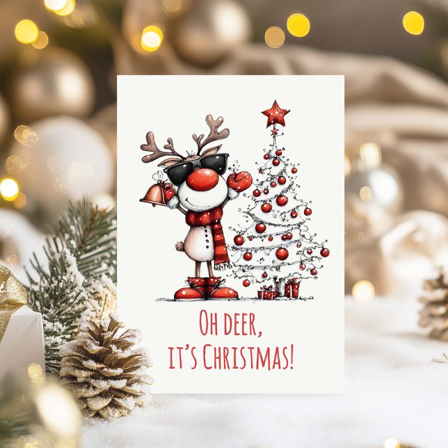 Funny Reindeer Christmas Card – Oh Deer! (Funny Reindeer Christmas Card – Oh Deer! on a table with Christmas decoration)