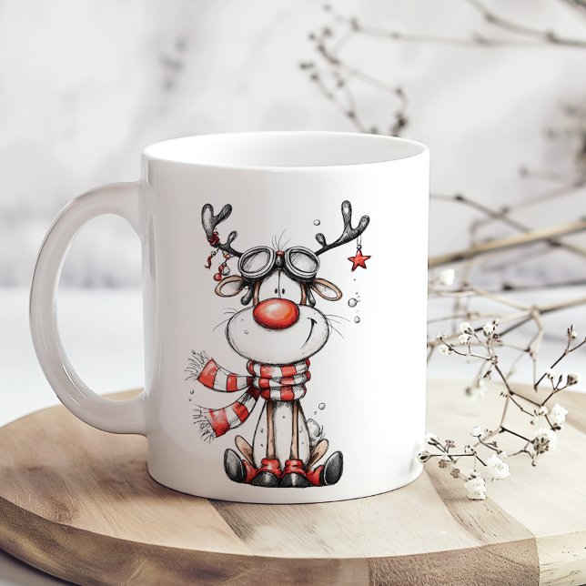 Funny Reindeer Christmas Mug – Oh Deer! (Funny Reindeer Christmas Mug – Oh Deer! on a boho wooden table with tiny white flowers)