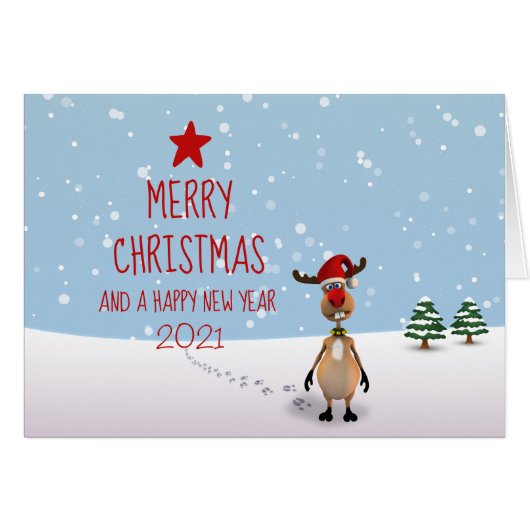 Funny Reindeer Christmas New Year Tree 2021 Cards (Front Horizontal)