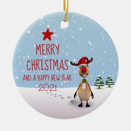 Funny Reindeer Christmas New Year Tree 2021 Ceramic Ornament