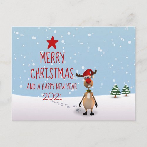 Funny Reindeer Christmas New Year Tree 2021 Holiday Postcard