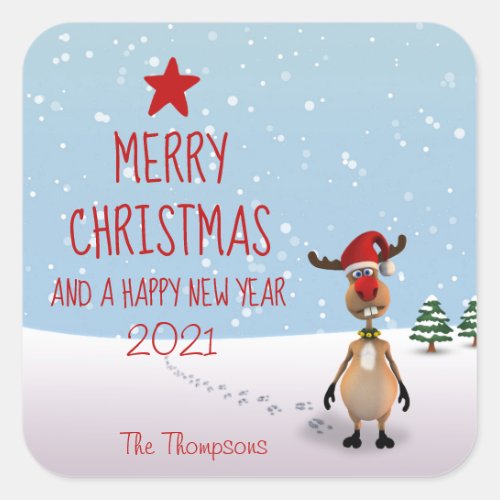 Funny Reindeer Christmas New Year Tree 2021 Square Sticker