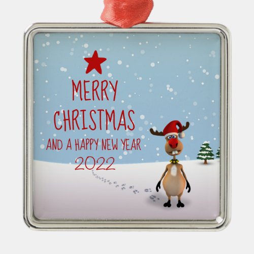 Funny Reindeer Christmas New Year Tree 2022 Metal Ornament