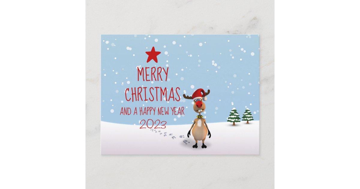 Funny Reindeer Christmas New Year Tree 2023 Postcard Zazzle
