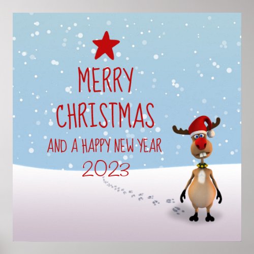 Funny Reindeer Christmas New Year Tree 2023 Poster