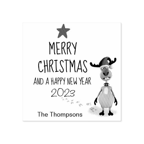 Funny Reindeer Christmas New Year Tree 2023 Rubber Stamp