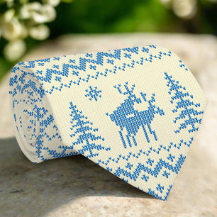 Funny Reindeer Christmas Tree Snow Blue Pattern Neck Tie