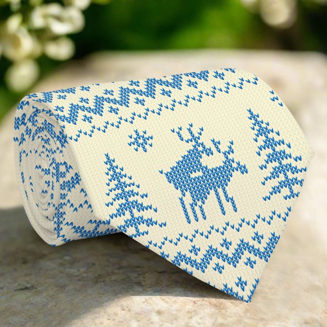 Funny Reindeer Christmas Tree Snow Blue Pattern Neck Tie (Creator Uploaded)