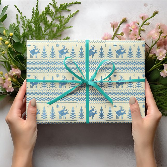 Funny Reindeer Christmas Tree Snow Blue Pattern Wrapping Paper (Creator Uploaded)