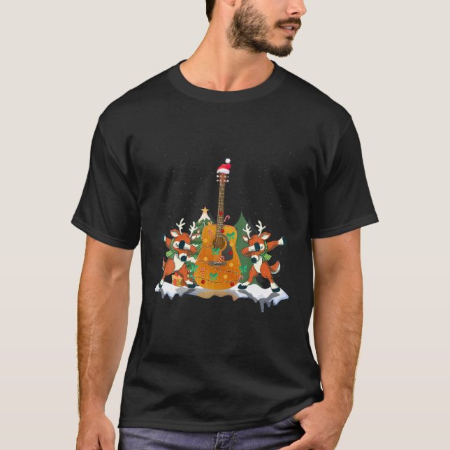 Funny Reindeer Dabbing Xmas Guitar Christmas T-Shirt (Front)