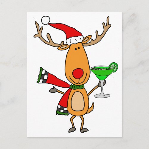 Funny Reindeer Drinking Margarita Christmas Art Holiday Postcard