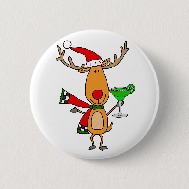 Funny Reindeer Drinking Margarita Christmas Art Pinback Button (Front)