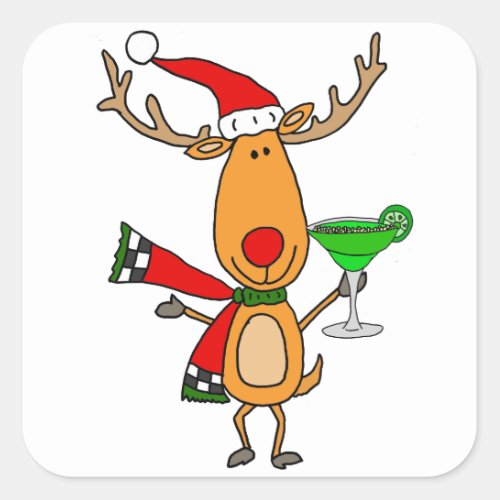 Funny Reindeer Drinking Margarita Christmas Art Square Sticker