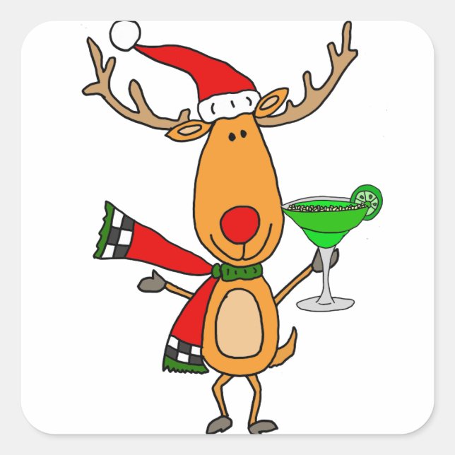 Funny Reindeer Drinking Margarita Christmas Art Square Sticker (Front)