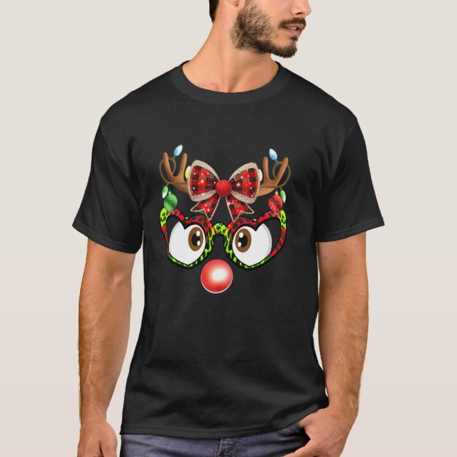 Funny Reindeer Face Coquette Bow Leopard Glasses X T-Shirt (Front)