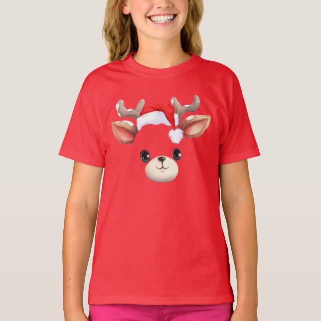 Funny Reindeer Face happy Merry Christmas Family T-Shirt (Front)