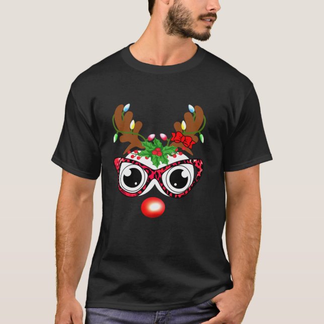 Funny Reindeer Face Leopard Glasses Family Christm T-Shirt (Front)