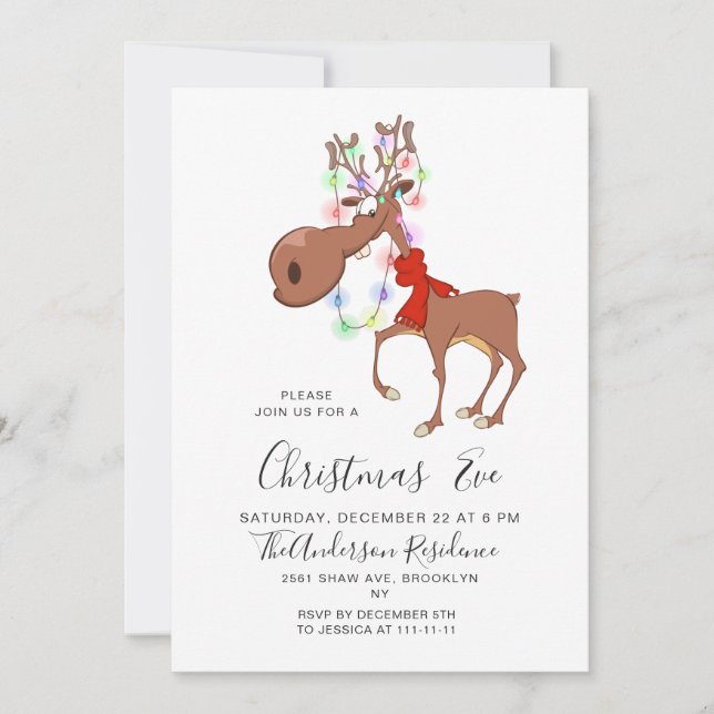 Funny Reindeer Holiday Christmas Eve Party Invitat Invitation (Front)