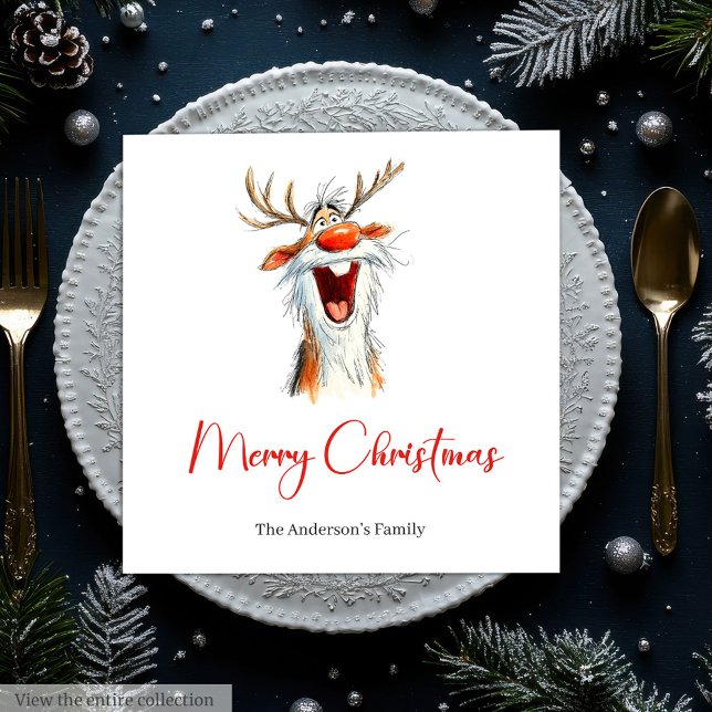 Funny Reindeer Holiday Festive Cocktail Napkins (Funny Santa Claus Holiday Festive Cocktail Napkins)