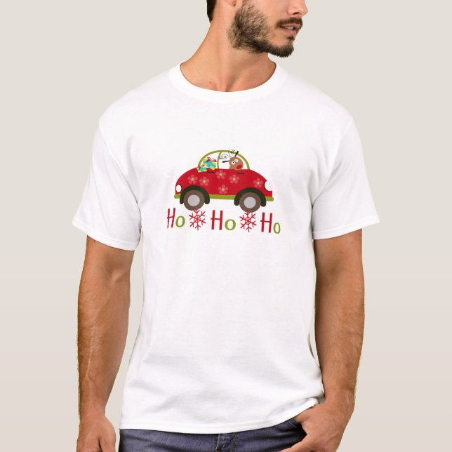 Funny Reindeer in car Christmas HO HO HO T-Shirt (Front)