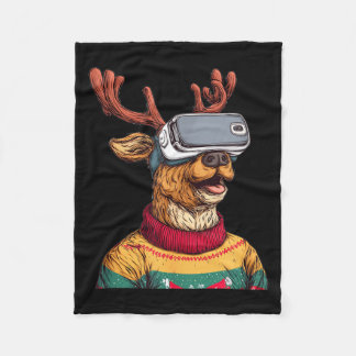 Funny Reindeer In Christmas Sweater And Vr Headset Fleece Blanket