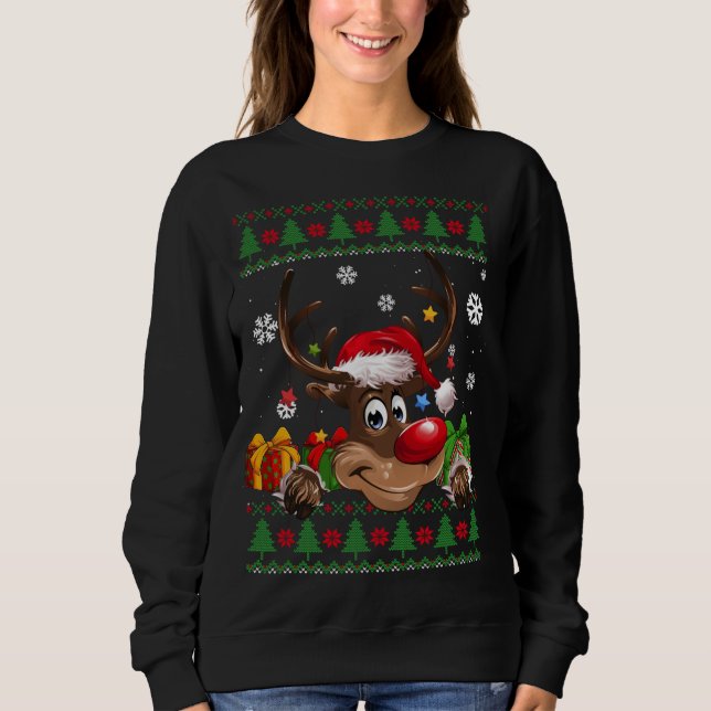 Funny Reindeer Lovers Santa Hat Ugly Christmas Swe Sweatshirt (Front)
