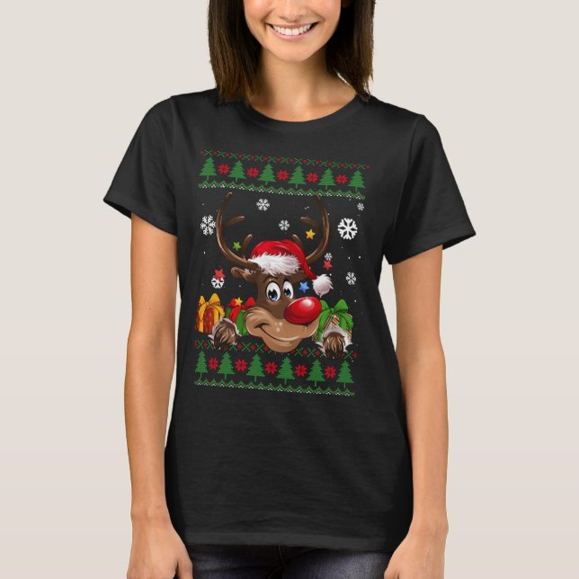 Funny Reindeer Lovers Santa Hat Ugly Christmas Swe T-Shirt (Front)
