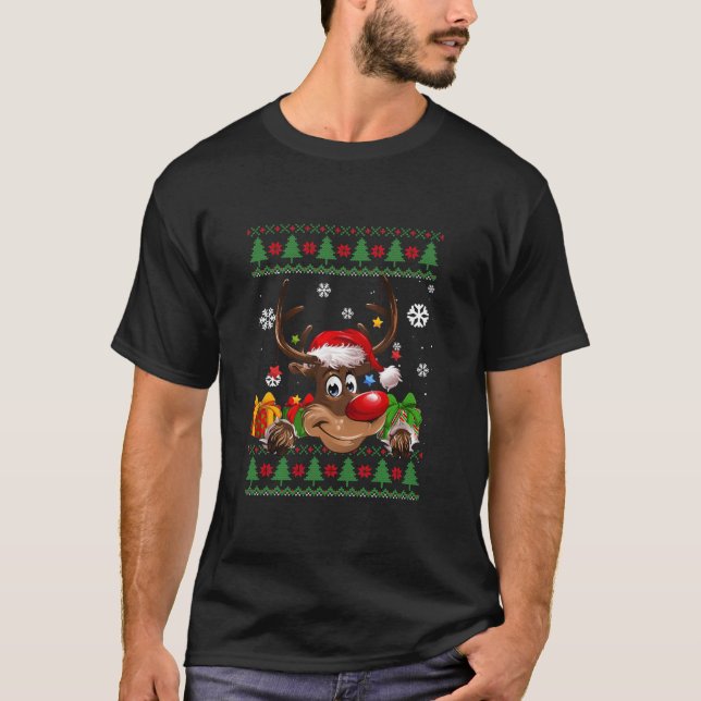 Funny Reindeer Lovers Santa Hat Ugly Christmas T-Shirt (Front)
