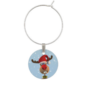 Funny Reindeer Merry Christmas Santa Hat Wine Charm
