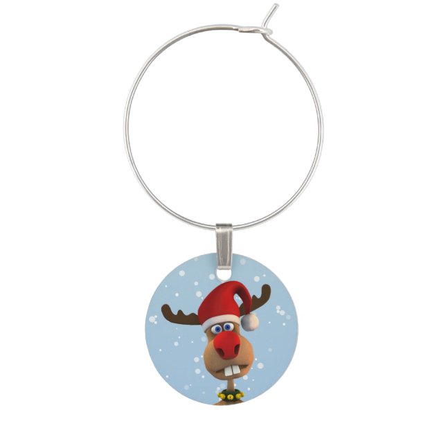 Funny Reindeer Merry Christmas Santa Hat Wine Charm (Front)